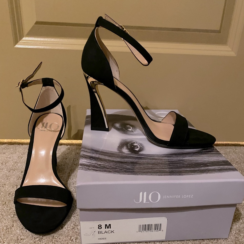 NWT JLO Dress Sandals - Black Suede / Gold Detail - Size 8
